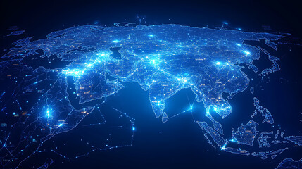 Leinwandbilder - Digital map of asia, concept of global network and connectivity, data transfer and cyber technology, business exchange, information and telecommunication