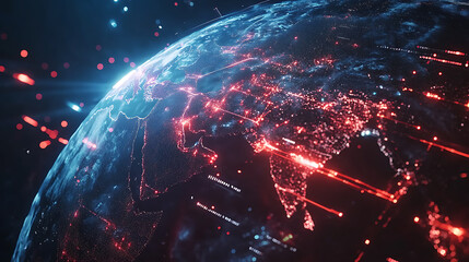 Aufkleber - Digital world globe centered on europe, concept of global network and connectivity on earth, data transfer and cyber technology, information exchange and international telecommunication