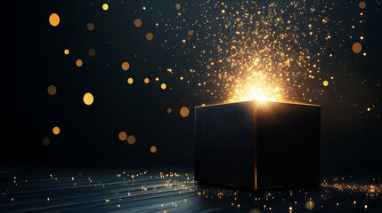 Aufkleber - Black box emitting bright, sparkling light and stars, representing a magical surprise or revelation, perfect for black friday shopping surprises concept