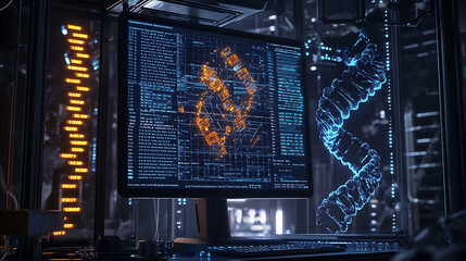 Fototapete - Dna sequencing display in laboratory featuring a computer screen showing detailed genetic information, the scene highlights advanced genetic research and data analysis in a modern lab environment