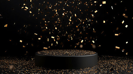 Poster - Black podium on a black background with falling golden confetti, perfect for showcasing products