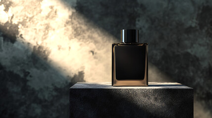 Black perfume bottle on a pedestal with sunlight falling onto the sleek flask, empty fragrance mockup, product display  presentation and advertisement concept