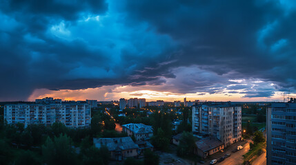 Poster - Dramatic sky at evening panoramic shot, scenic blue gray clouds before the storm, overcast cloudscape before the rain, blue hour stormy cloudscape, dark thunderstorm sky wide image, sky only