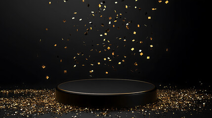 Poster - Black podium on a black background with falling golden confetti, perfect for showcasing products