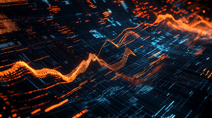 Leinwandbilder - Abstract digital interface with dynamic lines and graphs, on a dark blue and orange background, concept of data analysis