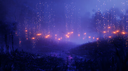 Leinwandbilder - Abstract digital landscape with glowing lines and dots on a dark blue background, signifying a data concept