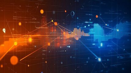 Leinwandbilder - Abstract digital interface with dynamic lines and graphs, on a dark blue and orange background, concept of data analysis