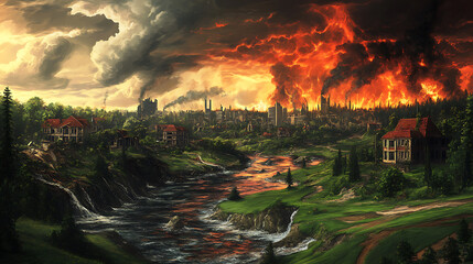 Poster - dramatic of a city destroyed by natural disasters, digital painting