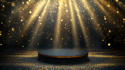 Aufkleber - Black podium product stage with spotlight and golden glitter background, gold lights rays scene background, gold bokeh awards glamour background, black friday sale