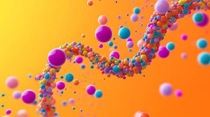 Poster - Abstract dna helix composed of colorful spheres on a vibrant orange background, ideal for science and technology concepts