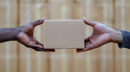 Poster - Blank cardboard box being held by two hands, take and give concept