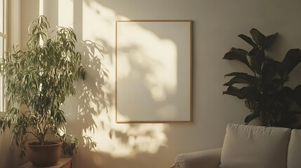 Poster - Blank white poster on wall, at minimalist living room, with soft natural light, sofa and plants, wall frame mockup