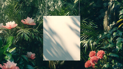Aufkleber - Blank white signboard hanging amidst flowers and foliage outdoors