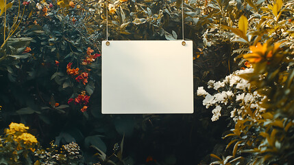 Aufkleber - Blank white signboard hanging amidst flowers and foliage outdoors