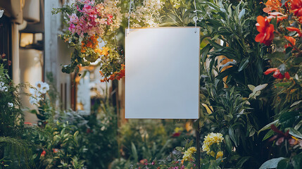Aufkleber - Blank white signboard hanging amidst flowers and foliage outdoors