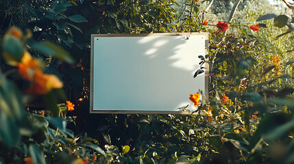Aufkleber - Blank white signboard hanging amidst flowers and foliage outdoors