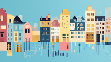 Aufkleber - Abstract image of buildings overlaid with financial data graphs, symbolizing real estate market analysis on a blue background