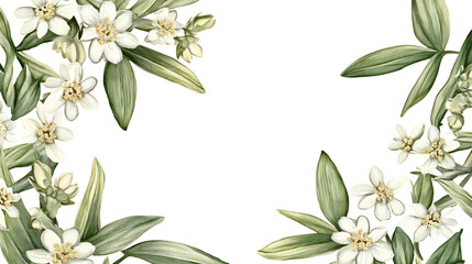 Poster - edelweiss themed frame or border for photos, with small white flowers and green leaves, watercolor i