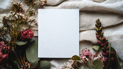 Poster - Blank white square notes with bouquet flowers, on soft linen fabric