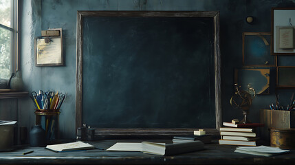 Aufkleber - Education concept: empty blackboard, books, and school supplies
