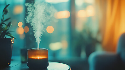 Poster - Electric diffuser spreading aromatic vapor in a well-lit room with a blurred background