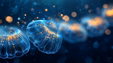 Poster - blue and golden bokeh flare light effect on dark blue background
