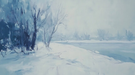 Poster - Abstract minimalist winter landscape painting with expressive brushstrokes and subdued colors