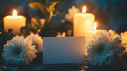 Poster - Elegant condolence background featuring a blank sympathy card, white chrysanthemums, and lit candles, conveying a serene memorial atmosphere