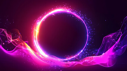 Aufkleber - Abstract neon energy sphere of particles and waves of magical glowing on a dark background, circle and loop frames with magic purple and pink flame