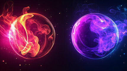 Poster - Abstract neon energy sphere of particles and waves of magical glowing on a dark background, circle and loop frames with magic purple and pink flame