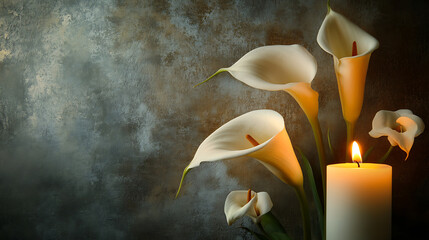 Aufkleber - Elegant calla lilies and lit candles against a textured background, symbolizing peace and sympathy for funeral or condolence occasions
