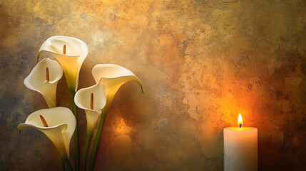 Poster - Elegant calla lilies and lit candles against a textured background, symbolizing peace and sympathy for funeral or condolence occasions