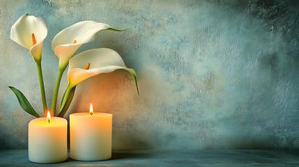 Poster - Elegant calla lilies and lit candles against a textured background, symbolizing peace and sympathy for funeral or condolence occasions