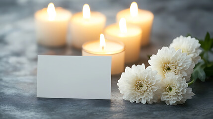 Poster - Elegant condolence background featuring a blank sympathy card, white chrysanthemums, and lit candles, conveying a serene memorial atmosphere