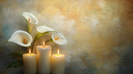 Poster - Elegant calla lilies and lit candles against a textured background, symbolizing peace and sympathy for funeral or condolence occasions