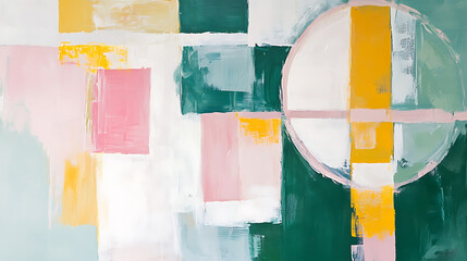 Wall Mural - Abstract painting using green, pink, white, and yellow colors arranged in blocks and a circle, with visible brush strokes