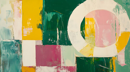 Poster - Abstract painting using green, pink, white, and yellow colors arranged in blocks and a circle, with visible brush strokes