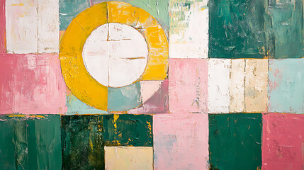 Poster - Abstract painting using green, pink, white, and yellow colors arranged in blocks and a circle, with visible brush strokes