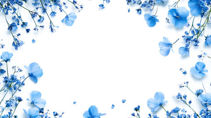 Poster - Blue flowers bordering the top and bottom on a white background, a concept of spring freshness