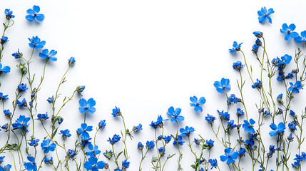 Poster - Blue flowers bordering the top and bottom on a white background, a concept of spring freshness