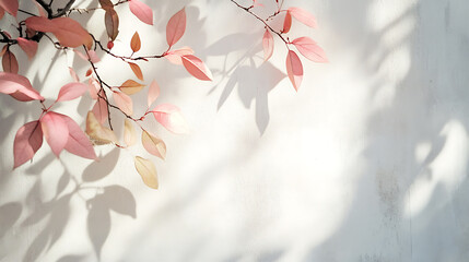 Poster - Abstract plant and leaves shadow blurred background, natural leaves tree branch pink rose gold shadows and sunlight dappled on white concrete wall texture for background wallpaper and any design