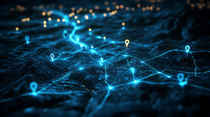Poster - Blue glowing location pins on a map with one pin highlighted and connected lines forming a path from one point to another, on a dark background