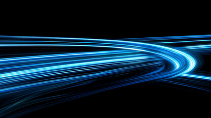 Poster - Blue light streaks on a black background with glowing horizontal lines in a high speed motion blur effect