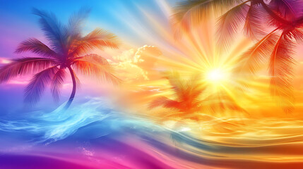 Aufkleber - Abstract summer background with palm trees, sunset and sun rays, pink orange purple blue gradient