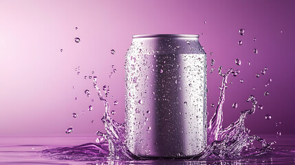 Poster - Empty aluminium soda can with a water splash effect, this mockup may be used as beverage  drink product promotion, purple background