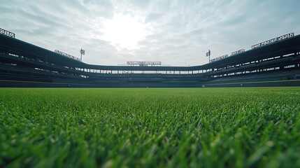 Aufkleber - Empty baseball stadium with green grass, home plate line in center of frame