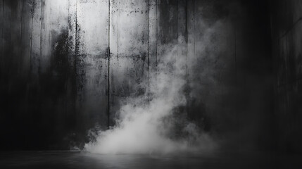 Fototapete - Empty dark abstract cement wall and studio room with smoke float up interior texture for display products wall background