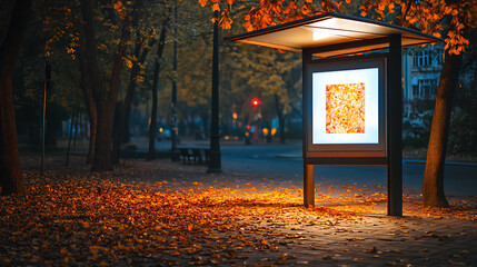 Aufkleber - Empty bus stop advertisement space at twilight, autumn leaves on the ground, urban setting, concept of advertising