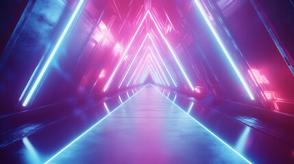 Poster - Empty long light corridor, modern white background, futuristic sci-fi triangle tunnel, minimal technology style scene, abstract leading lights white background