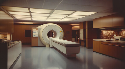 Poster - Empty mri room, showing the large, cylindrical mri machine in the center with clean, white walls and soft overhead lighting